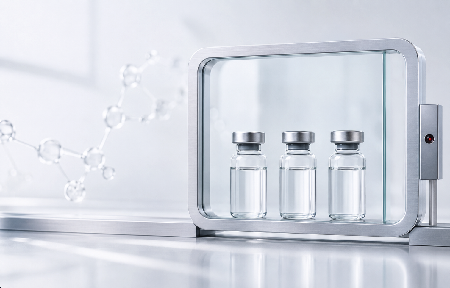 Conceptual finished dosage form peptide vials presented for controlled visual inspection.