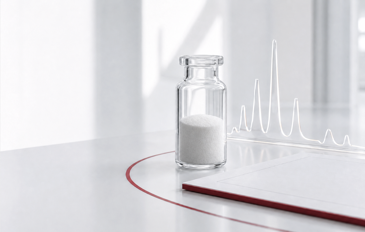 Conceptual peptide material and analytical trace representing technical quality and documentation review.