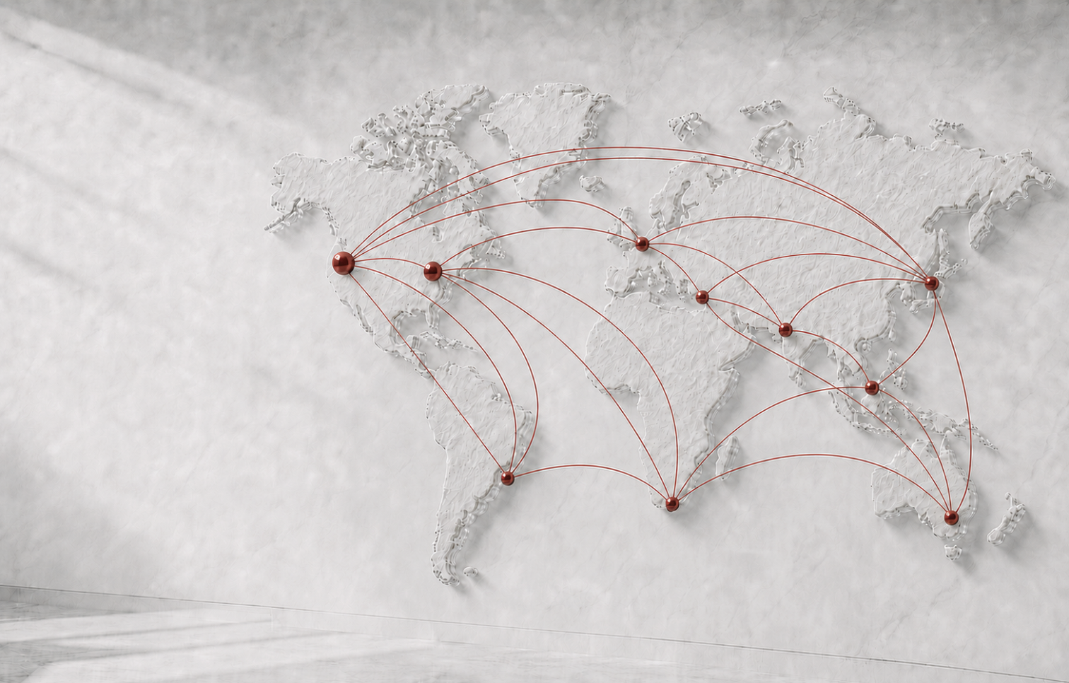 Conceptual world map representing international sourcing and supply coordination.